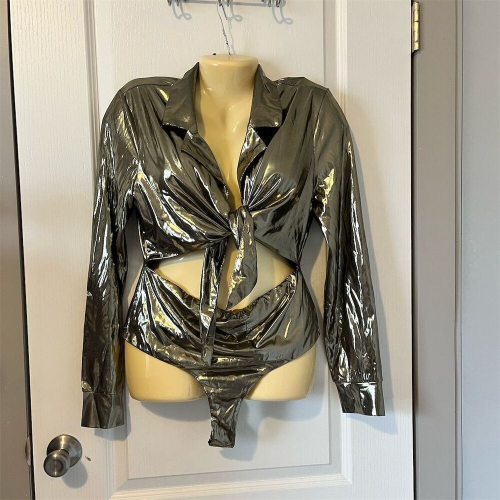 The Sing Women's Gold Metallic Long Sleeve Bodysuit Size L